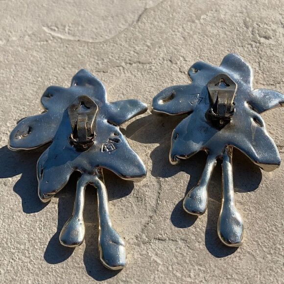 925 Vintage 925 Sterling Large statement clip abstract floral Chunky Earrings 3" - Picture 13 of 15